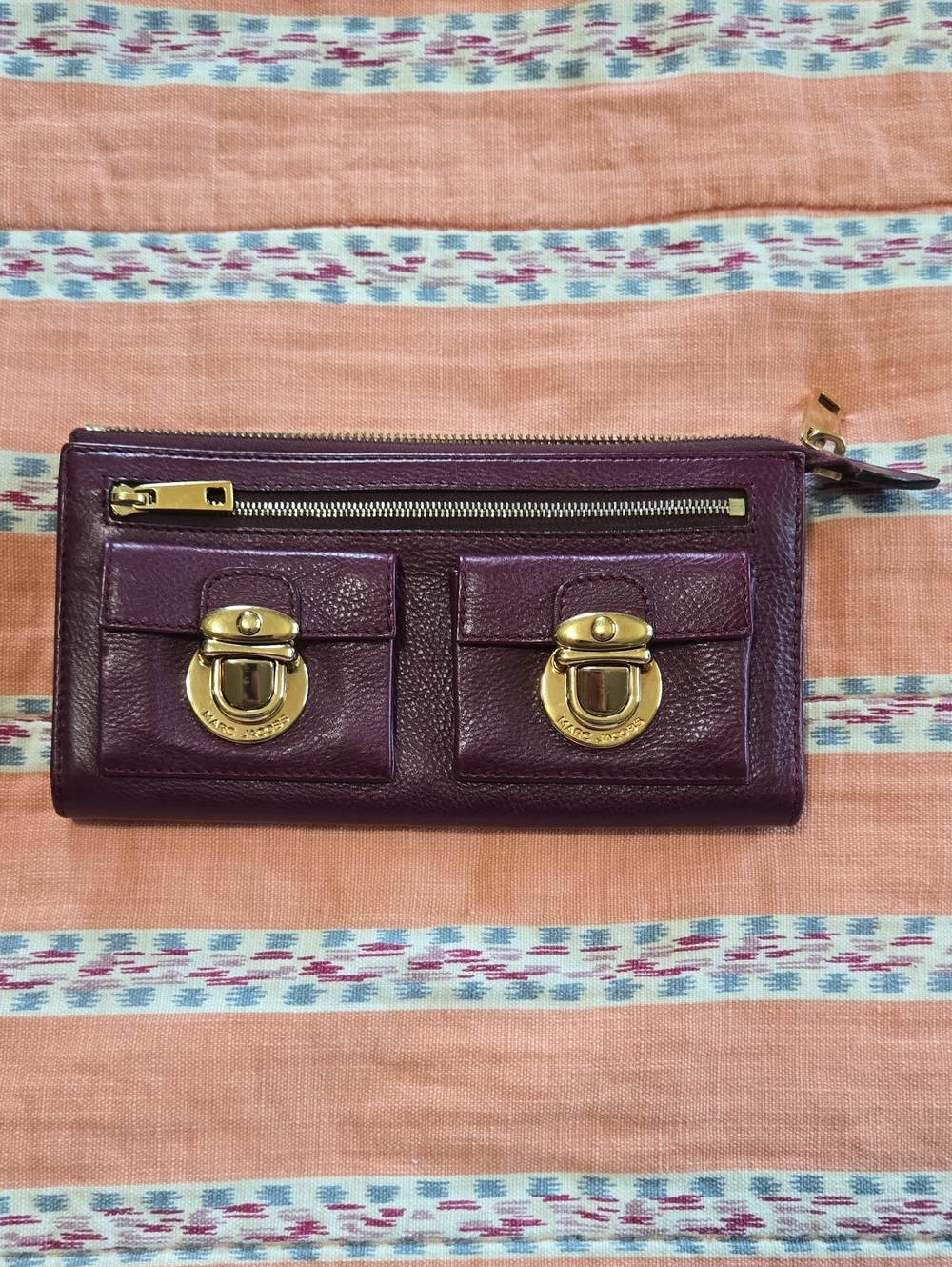 Marc Jacobs Plum Leather Wallet with Gold Hardware and Front Pockets